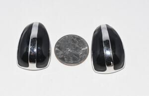 MORGAN TAYLOR Designer Logo Black & Silver Enamel Clip Earrings 1.5"